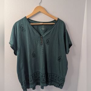 Pure Jill Embroidered Buttoned V-Neck Top | Green Cotton Blouse‎ | Size L